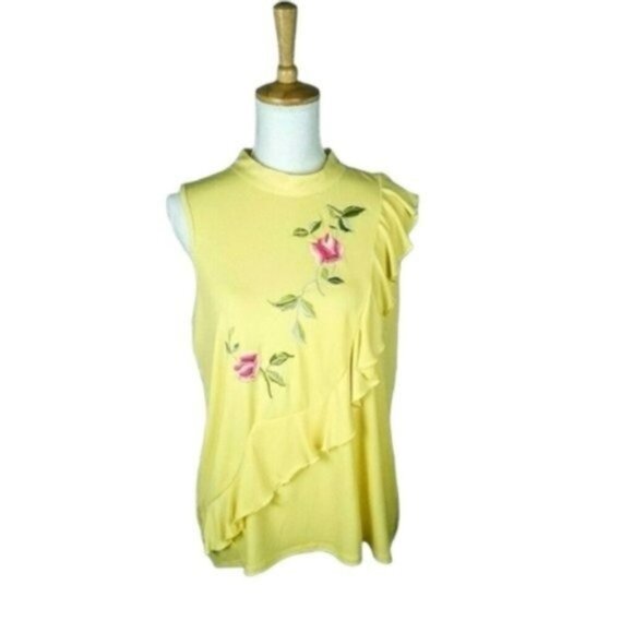 Premise Floral Embroidered Sleeveless Ruffled Top In Yellow Size Large - Picture 1 of 6